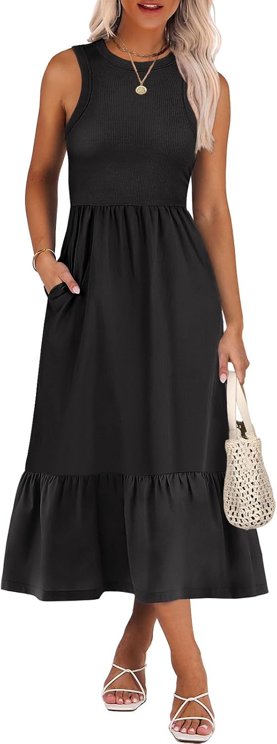 ANRABESS Womens Summer Dresses Casual Beach Tank Midi Sundress with Pockets