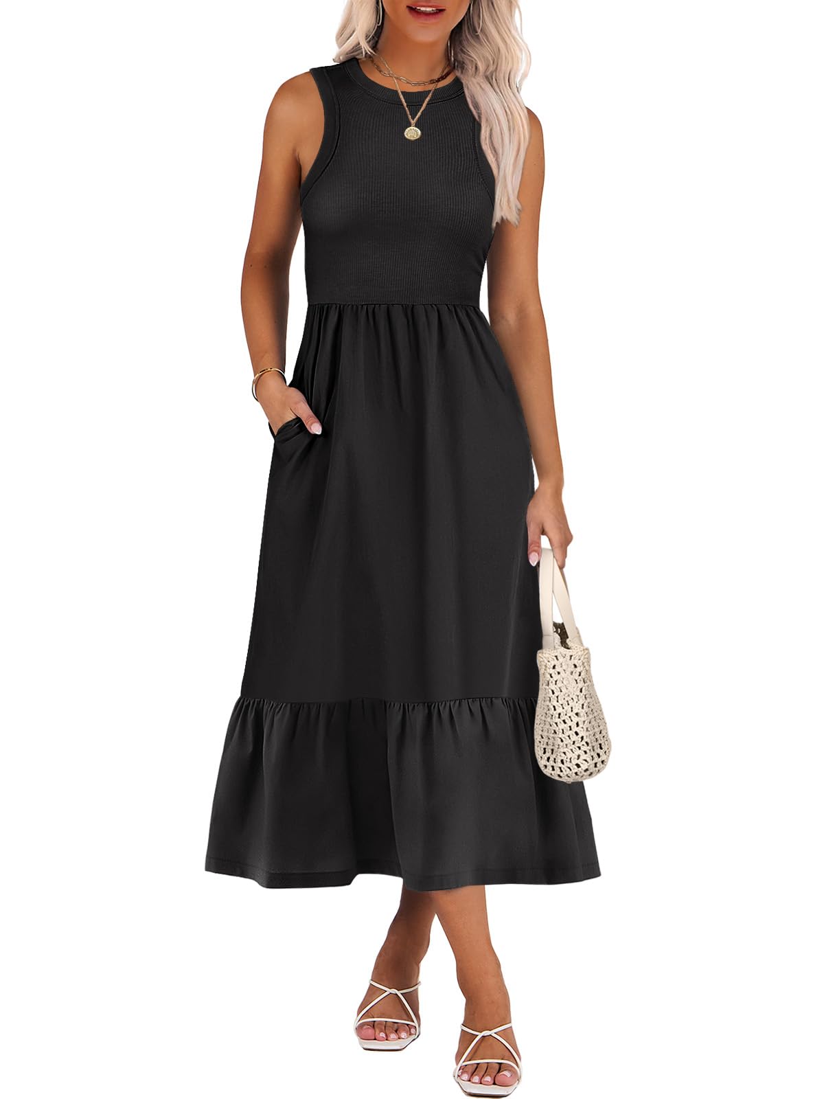 ANRABESS Womens Summer Dresses Casual Beach Tank Midi Sundress with Pockets