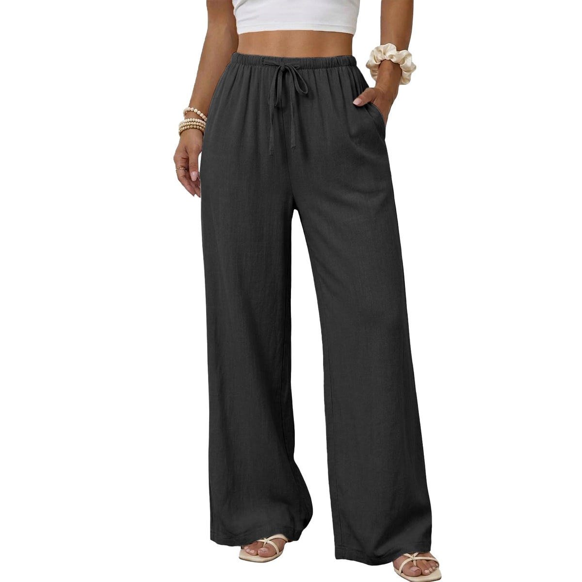 Duyang Womens Cotton Linen Palazzo Pants Drawstring Elastic Waist Casual Wide Leg Trousers with Pockets
