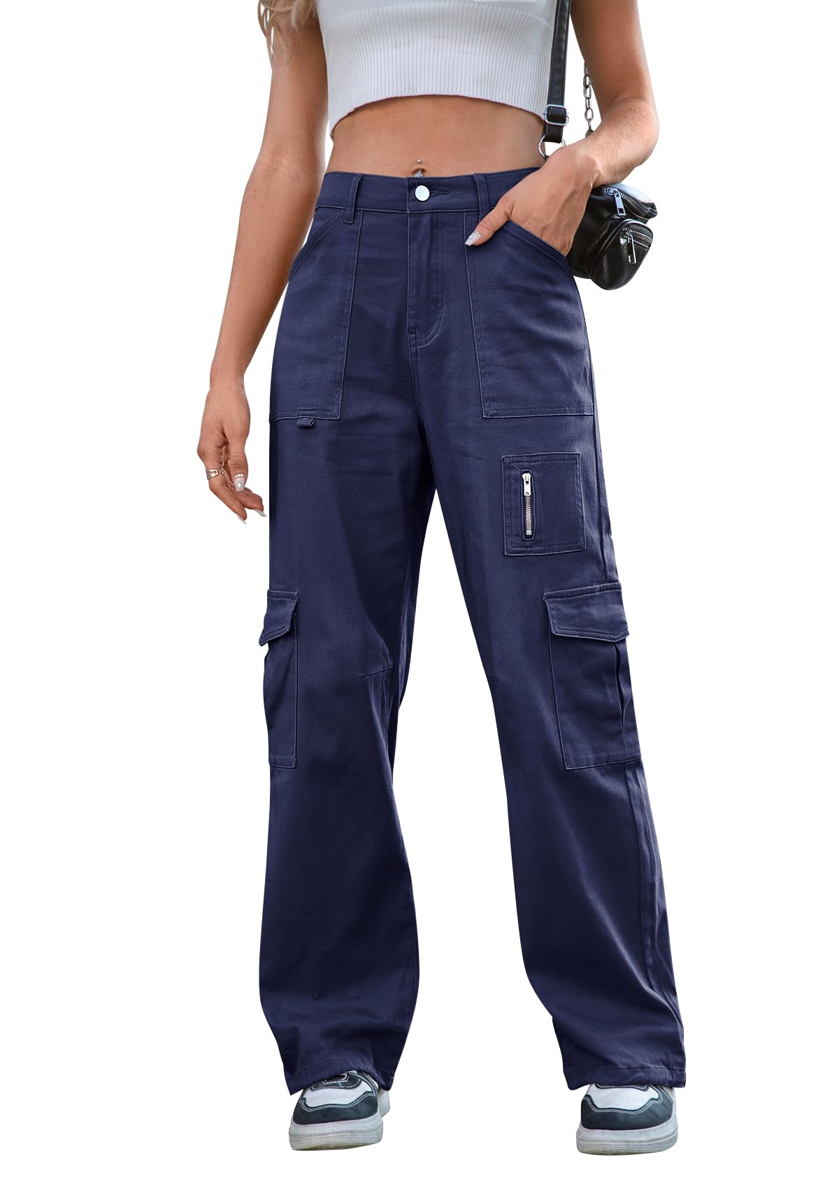 IVIR Cargo Pants Women High Waist Wide Leg Casual Pants with 7 Pockets Stretchy Drawstring Baggy Y2K Trousers