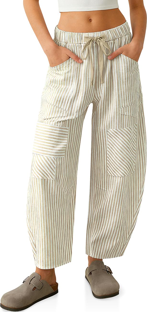 TARSE Womens Striped Linen Barrel Pants with Pockets Y2k Patchwork