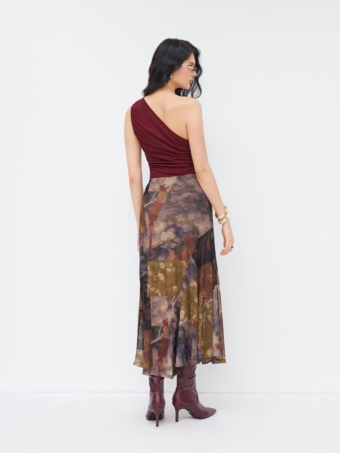 CIDER Skirts for Women Floral Mesh Maxi Asymmetrical Long Western Skirt