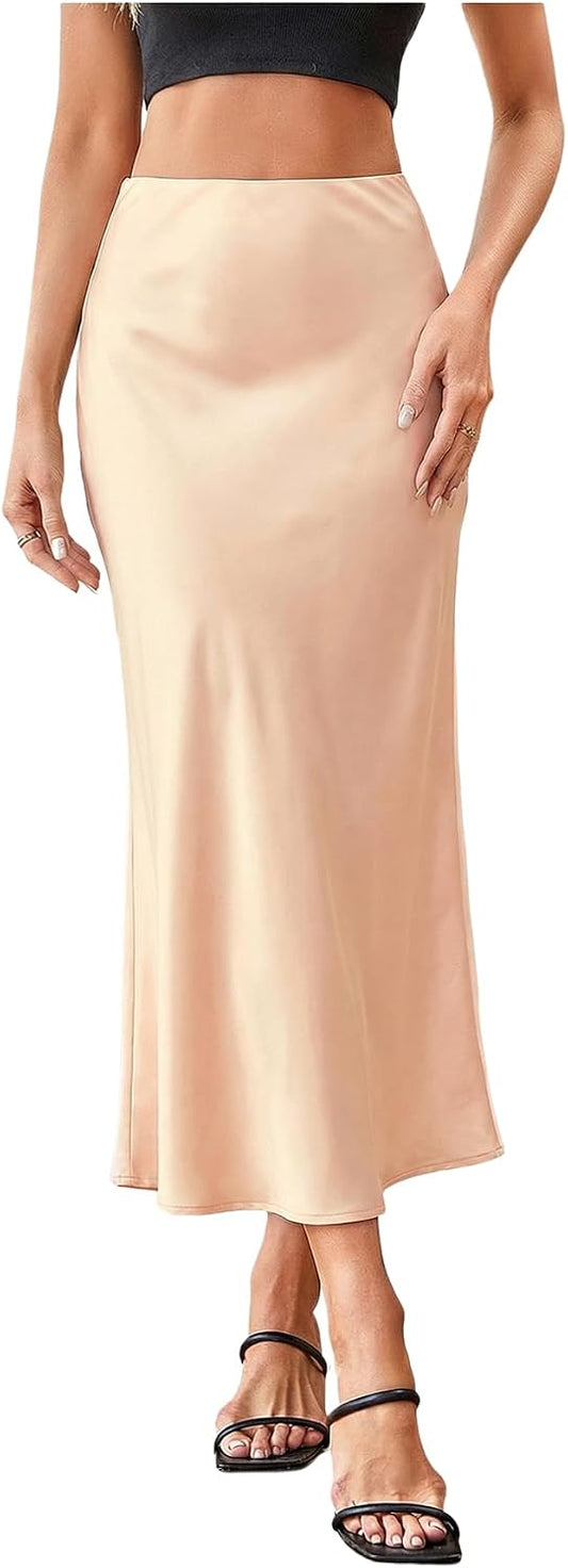 MakeMeChic Women's Satin High Waisted Fishtail Flowy Midi Skirt