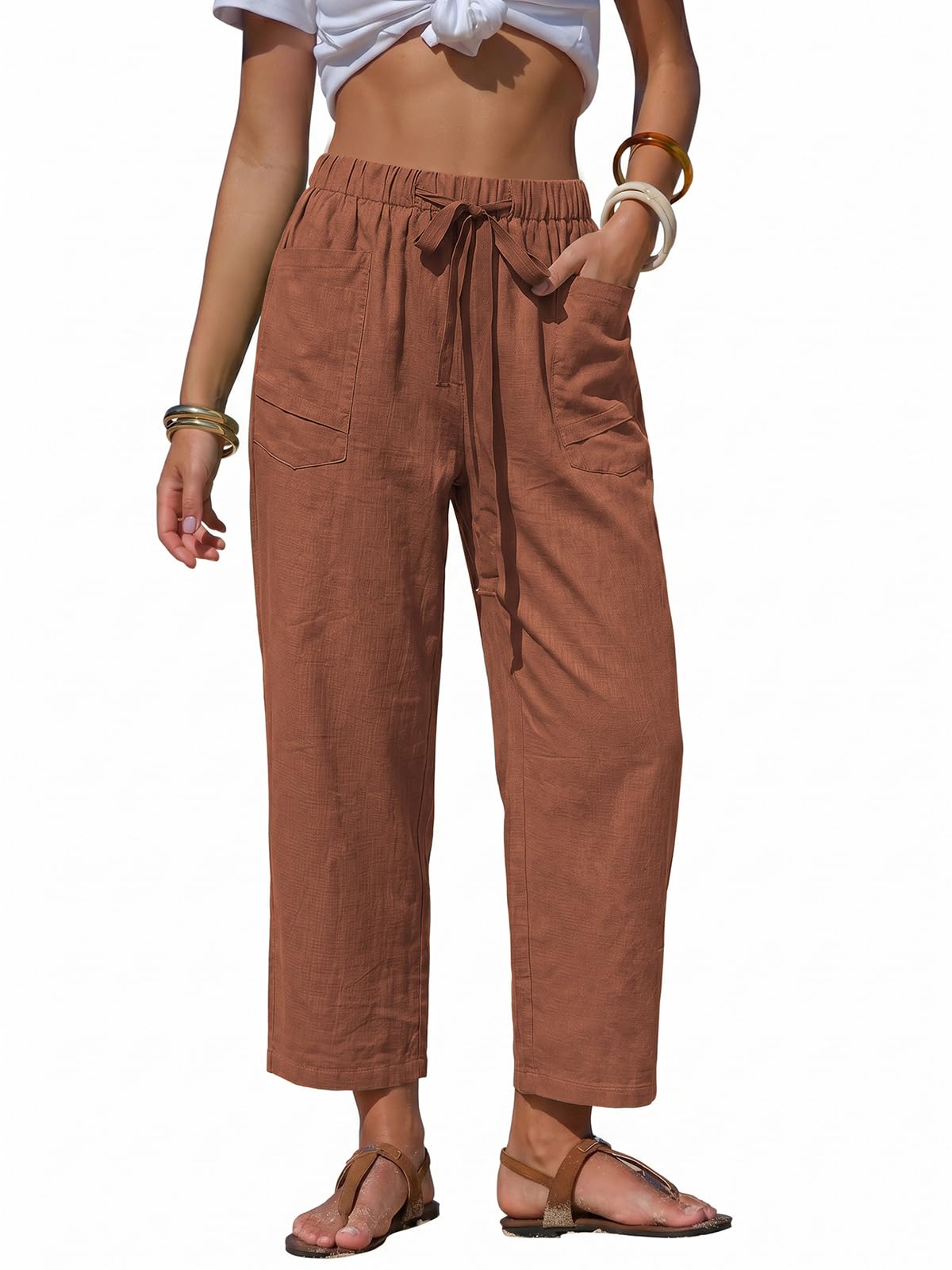 EXLURA Womens Faux Linen Striped Barrel Capri Pants Drawstring Trousers
