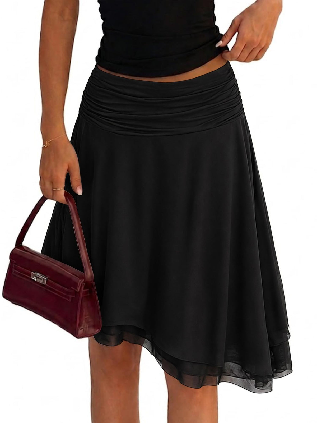 ELLEVEN Asymmetrical Polka Dot Midi Skirt, Flowy Knee Length A Line Skirt