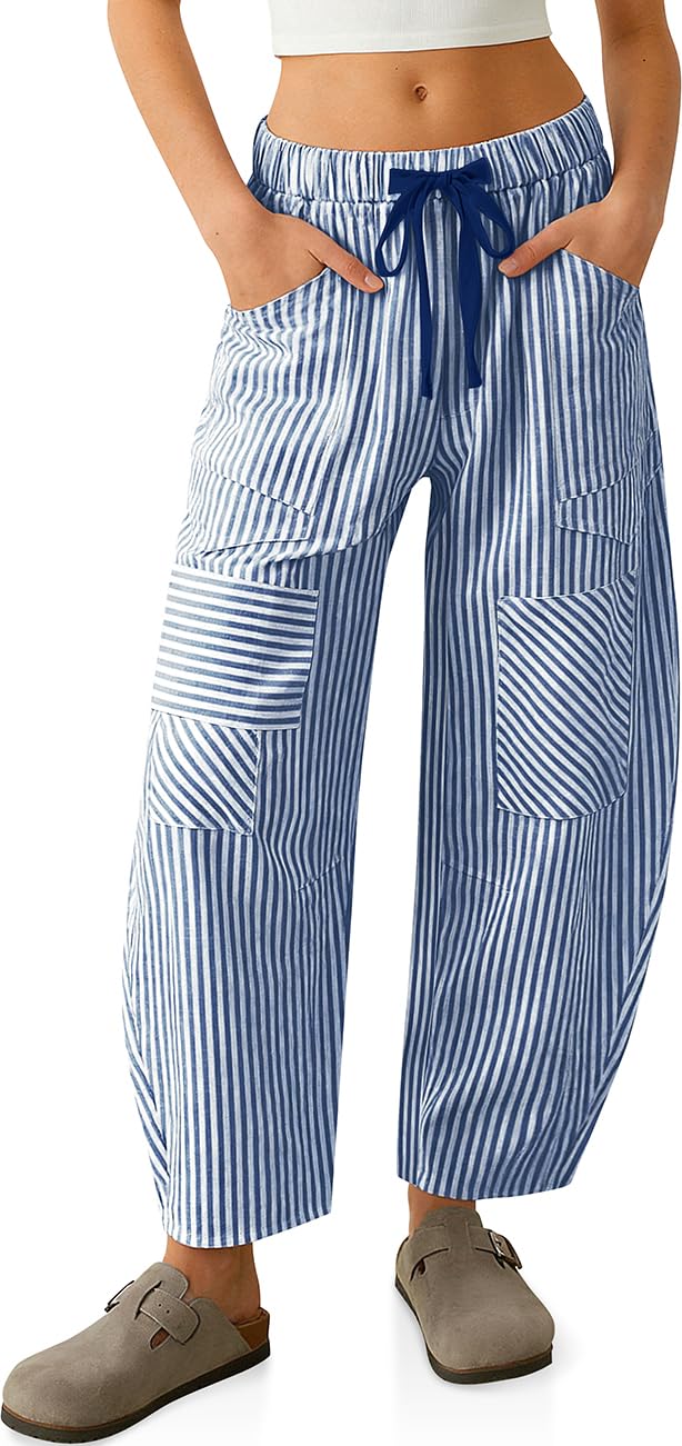 TARSE Womens Striped Linen Barrel Pants with Pockets Y2k Patchwork