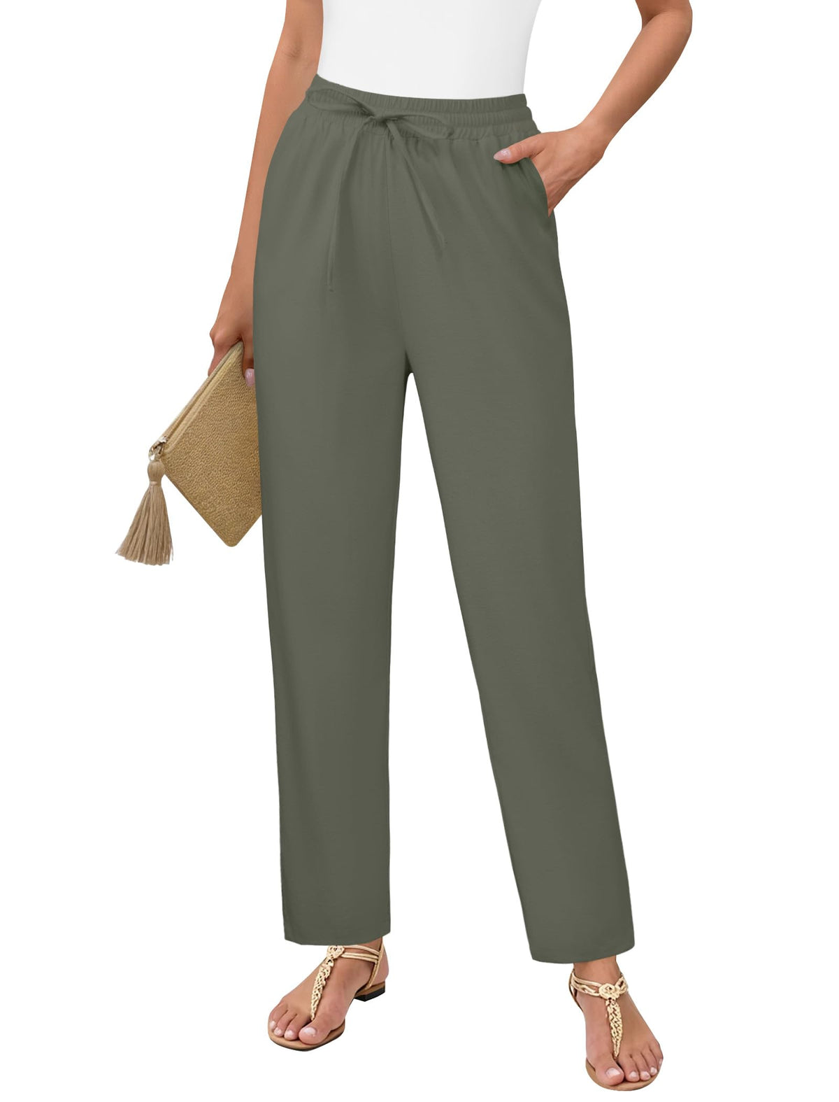 DLOODA Womens Linen Pants High Waisted Drawstring Casual Ankle Trousers