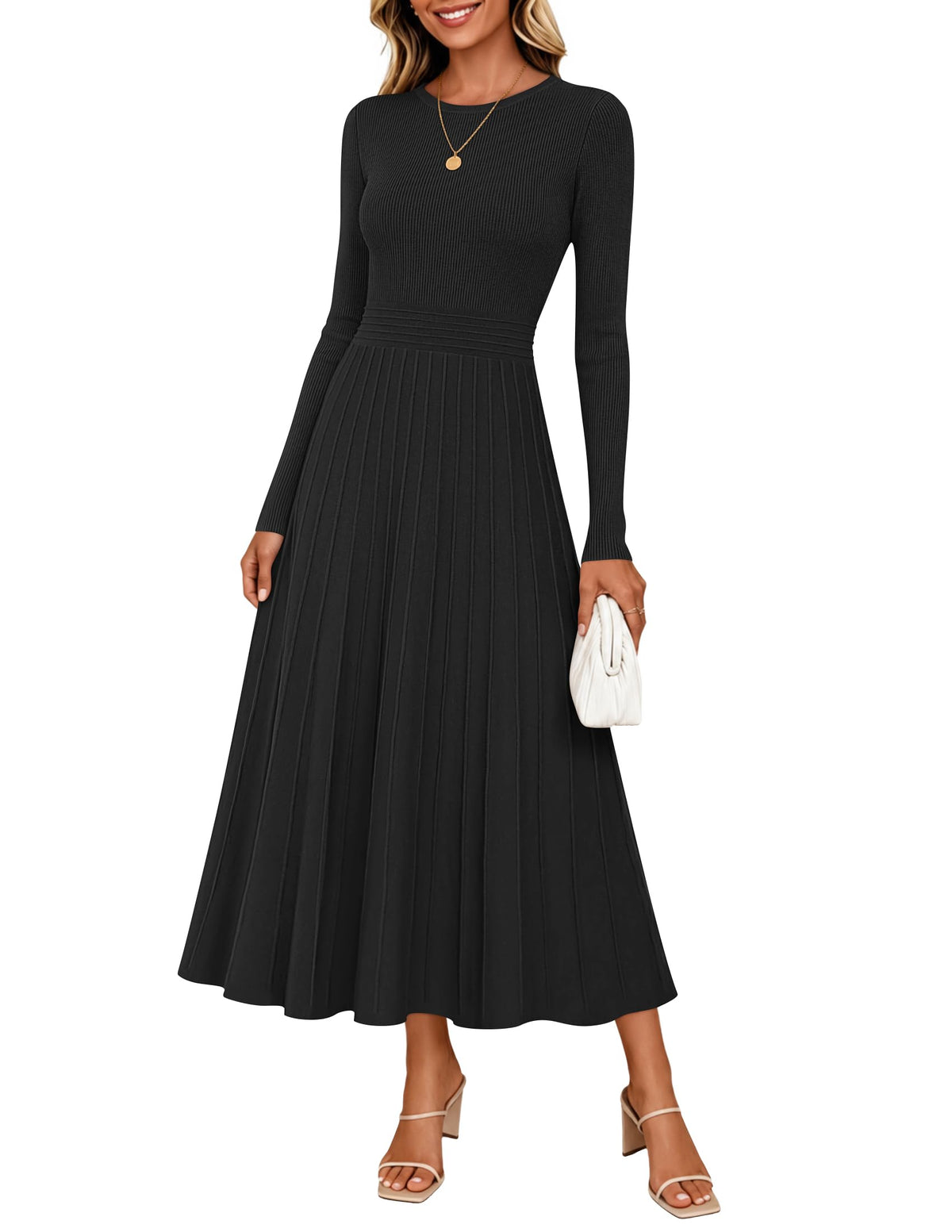 ZESICA Womens Fall Winter Pleated Cocktail Party Midi Sweater Dress