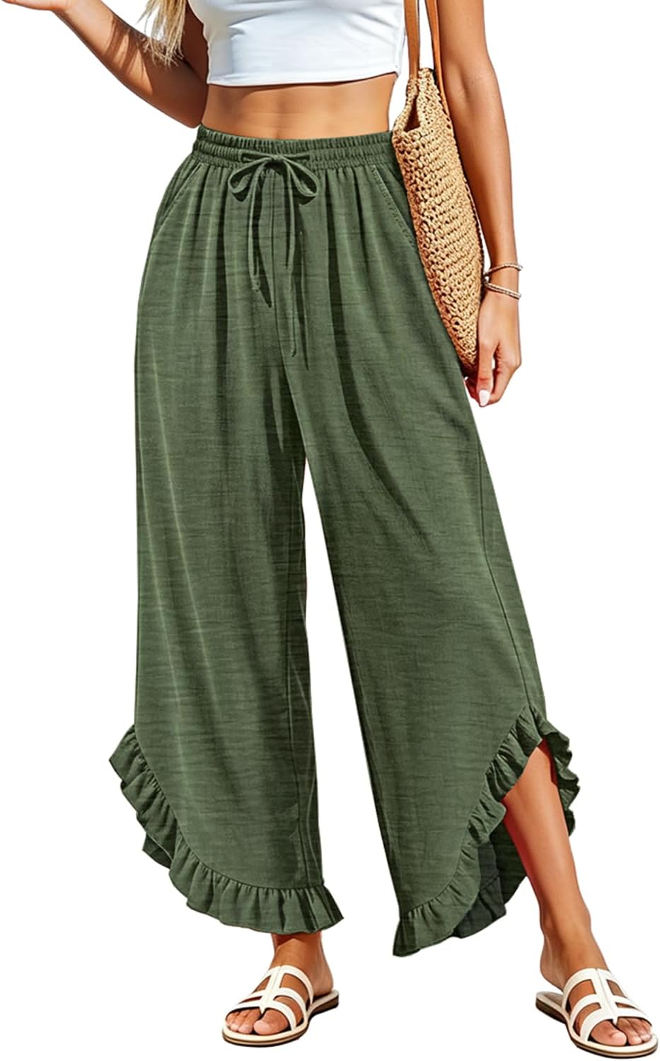 YESNO Women's Summer Wide Leg Ruffle Hem Cropped Casual Pants PAR