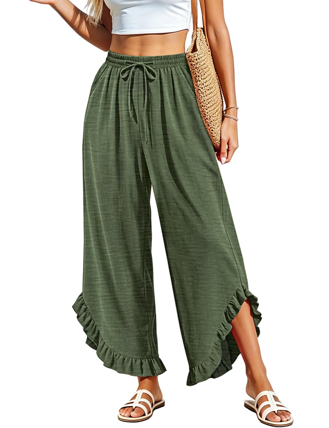YESNO Women's Summer Wide Leg Ruffle Hem Cropped Casual Pants PAR