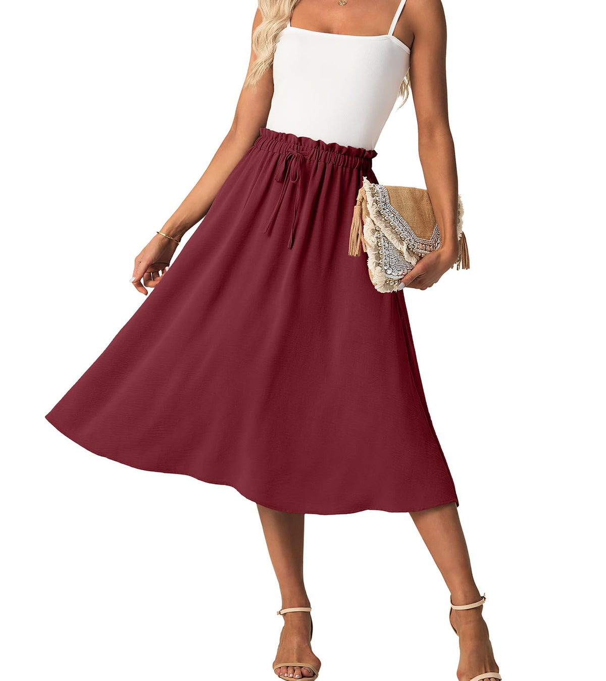 FREEOAK High Waist Skirts for Women Below Knee Casual Flowy Summer Midi Skirts Palazzo A-Line Long Skirt with Pockets
