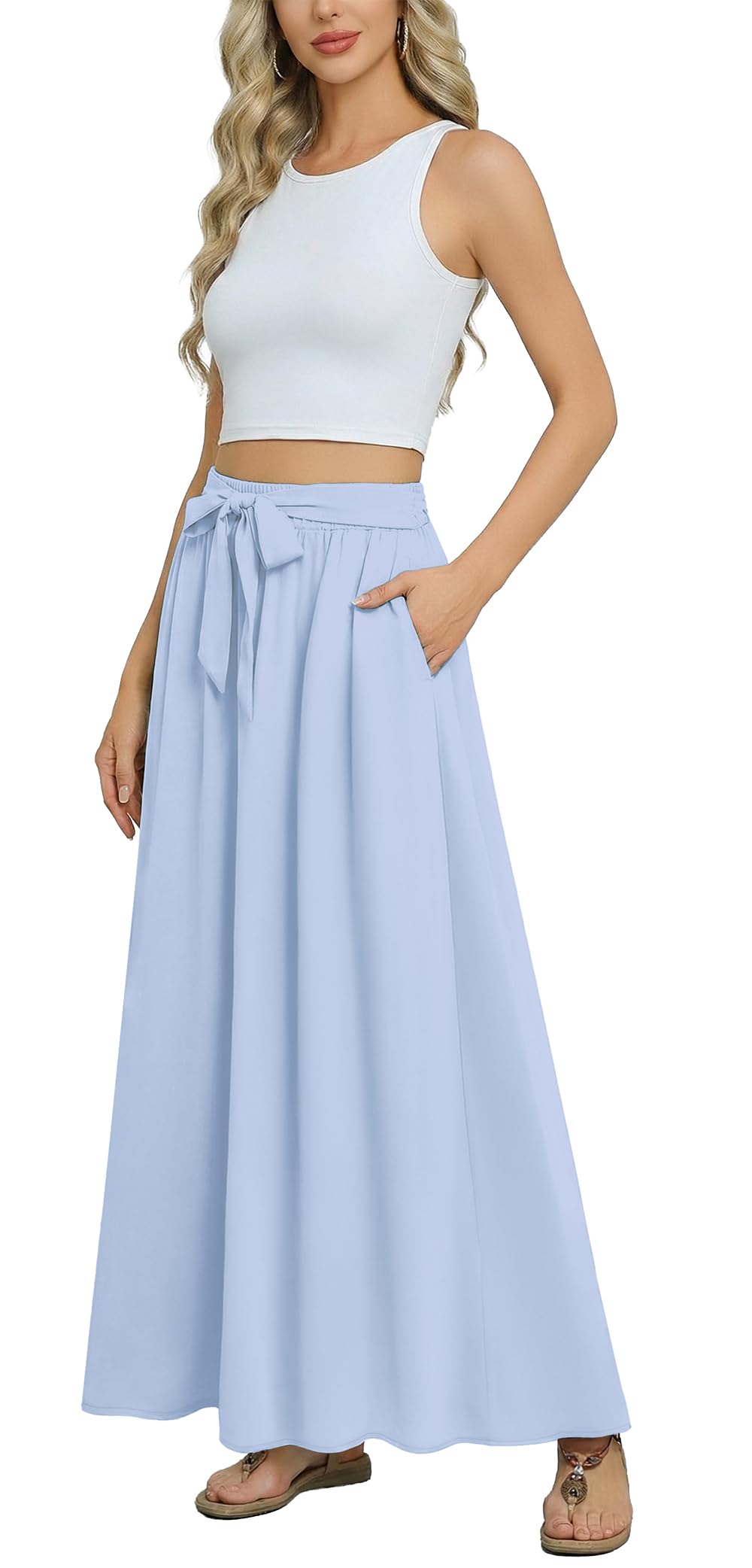 Askyes Womens Maxi Skirt Summer Trendy Tie Knot Elastic High Waisted Boho Casual Beach Flowy Swing Long Skirts with Pockets