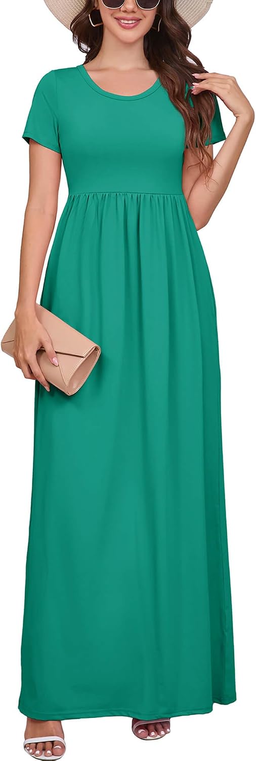 DEARCASE Maxi Dress for Women Short Sleeve Casual Summer Loose Plain Comfy Long Dresses with Pockets