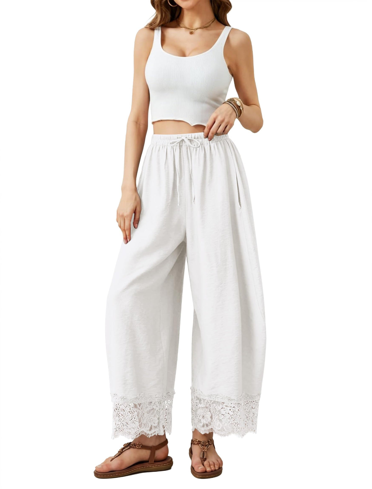 IWH Cropped Lace Trim Pants Women Wide Leg Barrel Silk Bottom Petite Length