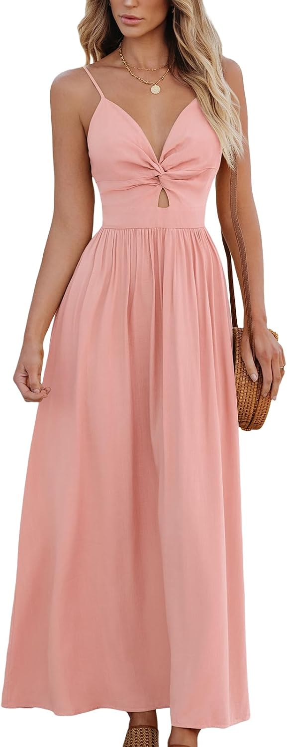CUPSHE Women's V Neck Twisted Pleated Cutout Backless Formal Maxi Dress