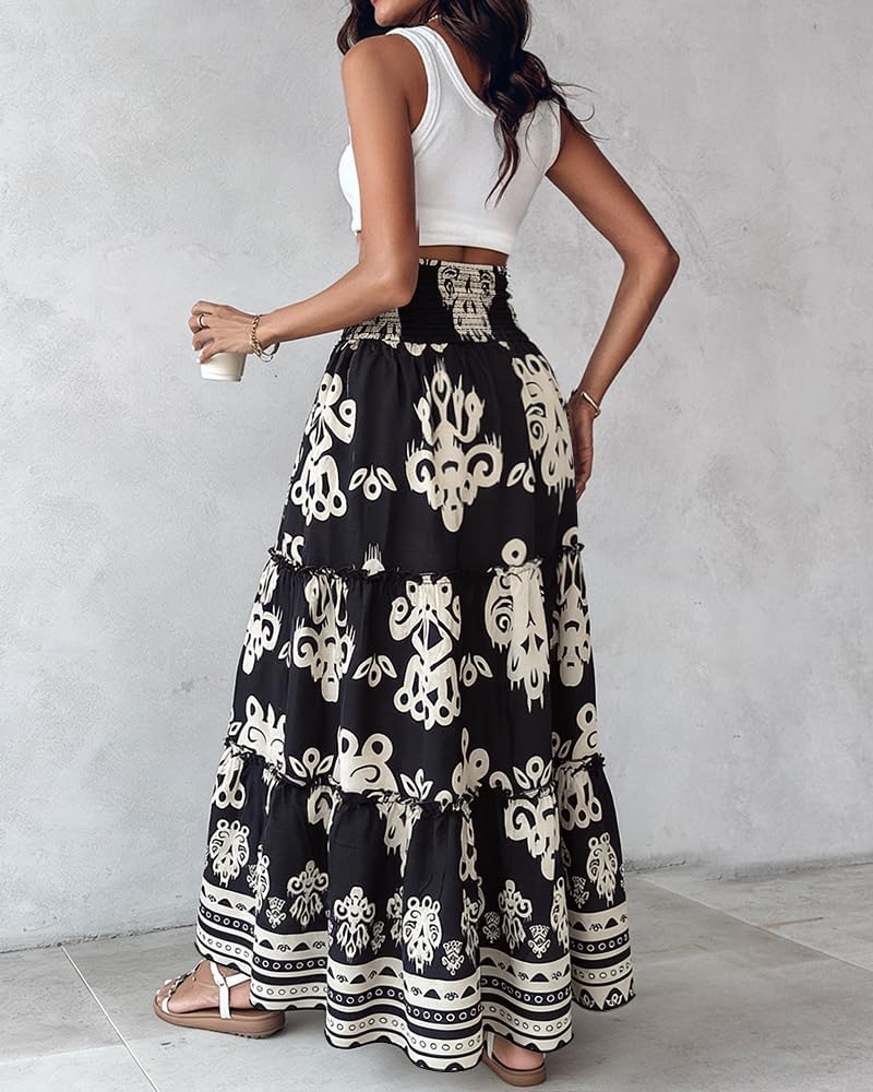 CHICME Women's Boho Floral Summer Maxi Skirt with Pockets Vacation Outfit