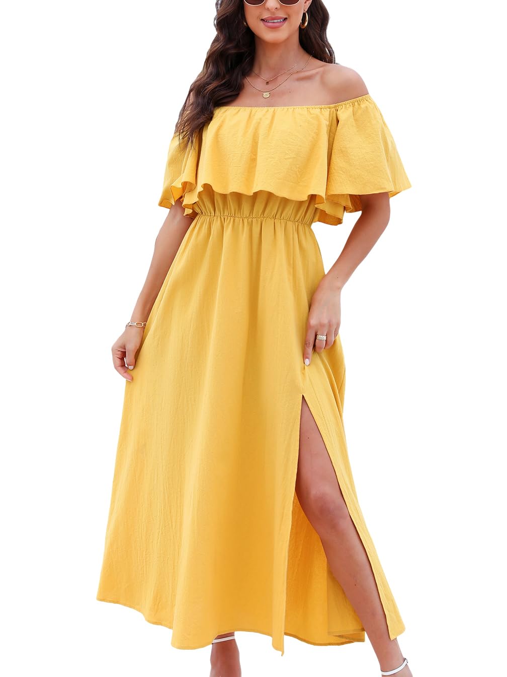 CUPSHE Womens Ruffle Floral Maxi Summer Dress Off Shoulder Beach Dress