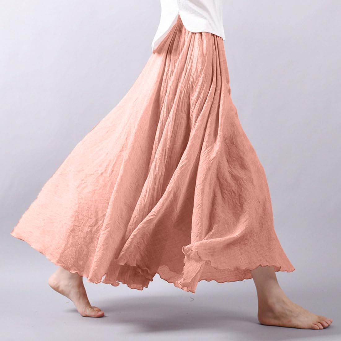 Women Bohemian Style Elastic Waist Band Cotton Linen Long Maxi Skirt Dress