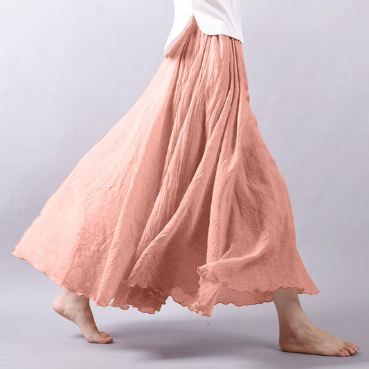 Women Bohemian Style Elastic Waist Band Cotton Linen Long Maxi Skirt Dress