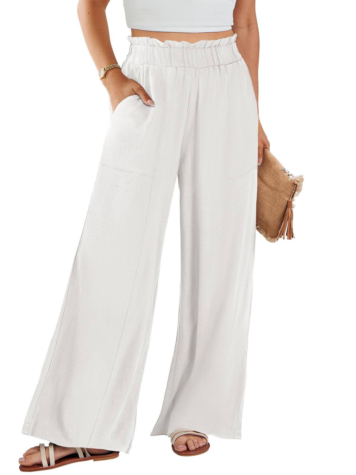 ANRABESS Womens Linen Pants 2026 Summer Casual Loose Wide Leg Palazzo Pants High Waist Flowy Beach Trousers Work Outfits