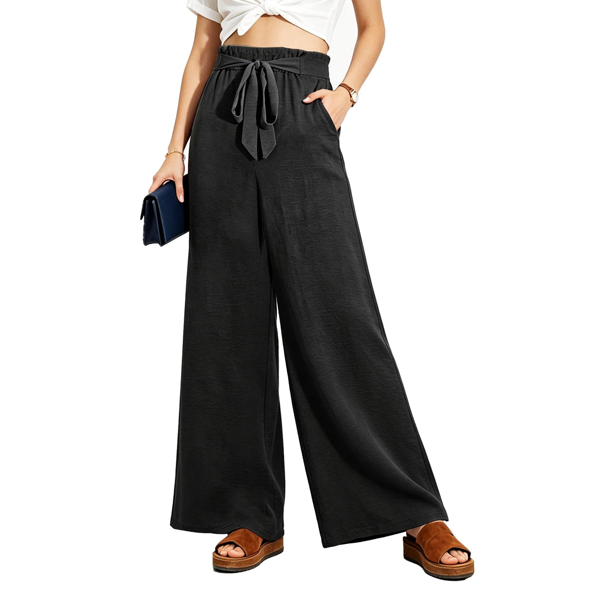 Women Wide Leg Casual Pants High Waist Flowy Palazzo Trousers Adjustable Knot Stylish Lounge Business Pants with Pockets