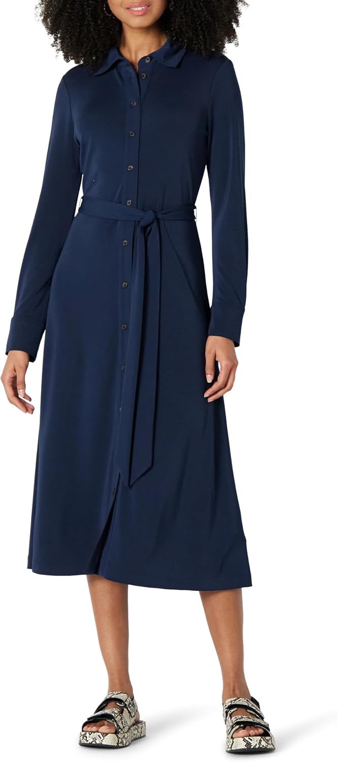 Amazon Essentials Women's Regular-Fit Matte Jersey Midi Length Dress with Classic Collar, Button Front, Removable Belt