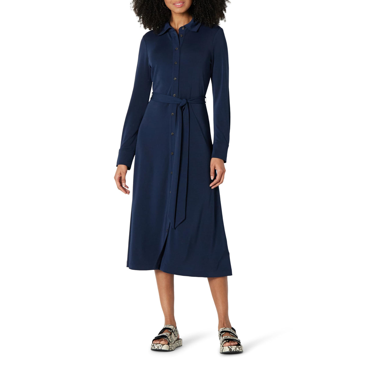 Amazon Essentials Women's Regular-Fit Matte Jersey Midi Length Dress with Classic Collar, Button Front, Removable Belt