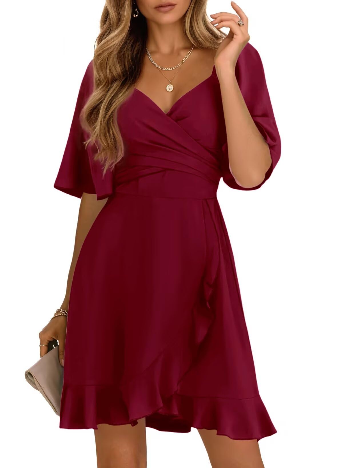 Dokotoo Women's Wrap V Neck Short Flared Sleeve Wedding Guest Dress Smocked Elastic Waist Tiered Belted Ruffle Hem Mini Dress