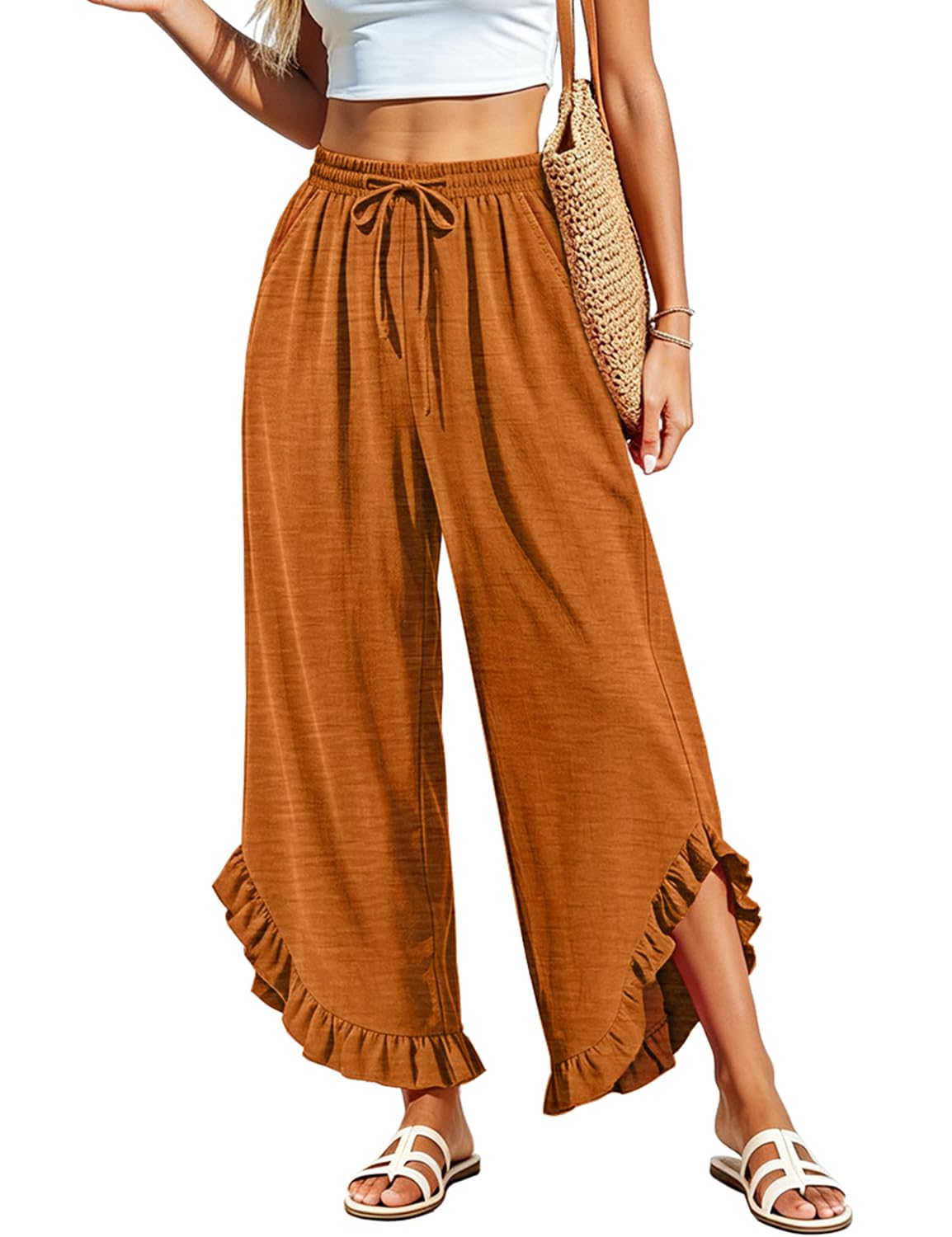 YESNO Women's Summer Wide Leg Ruffle Hem Cropped Casual Pants PAR