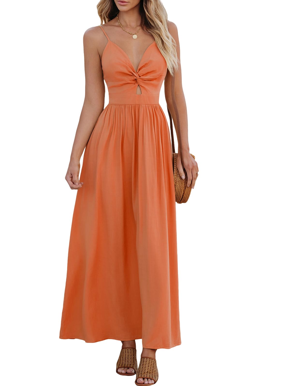 CUPSHE Women's V Neck Twisted Pleated Cutout Backless Formal Maxi Dress