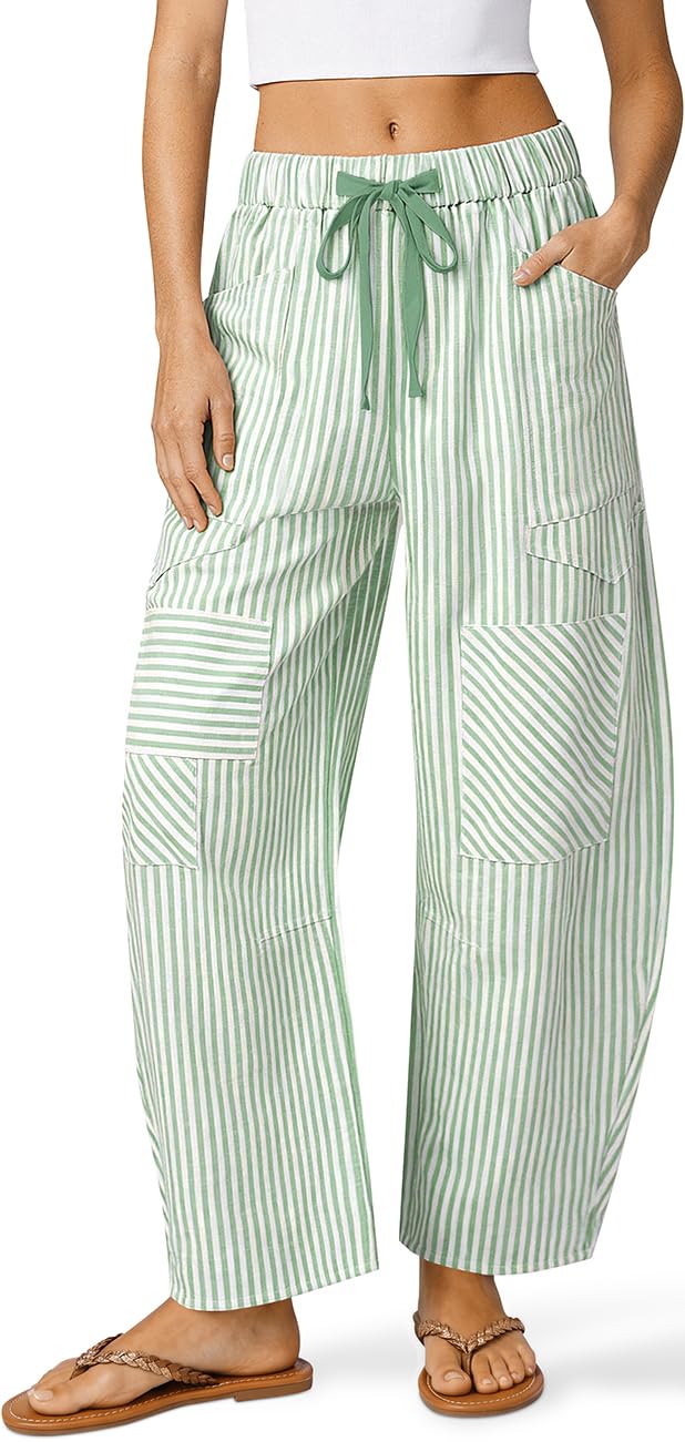 TARSE Womens Striped Linen Barrel Pants with Pockets Y2k Patchwork