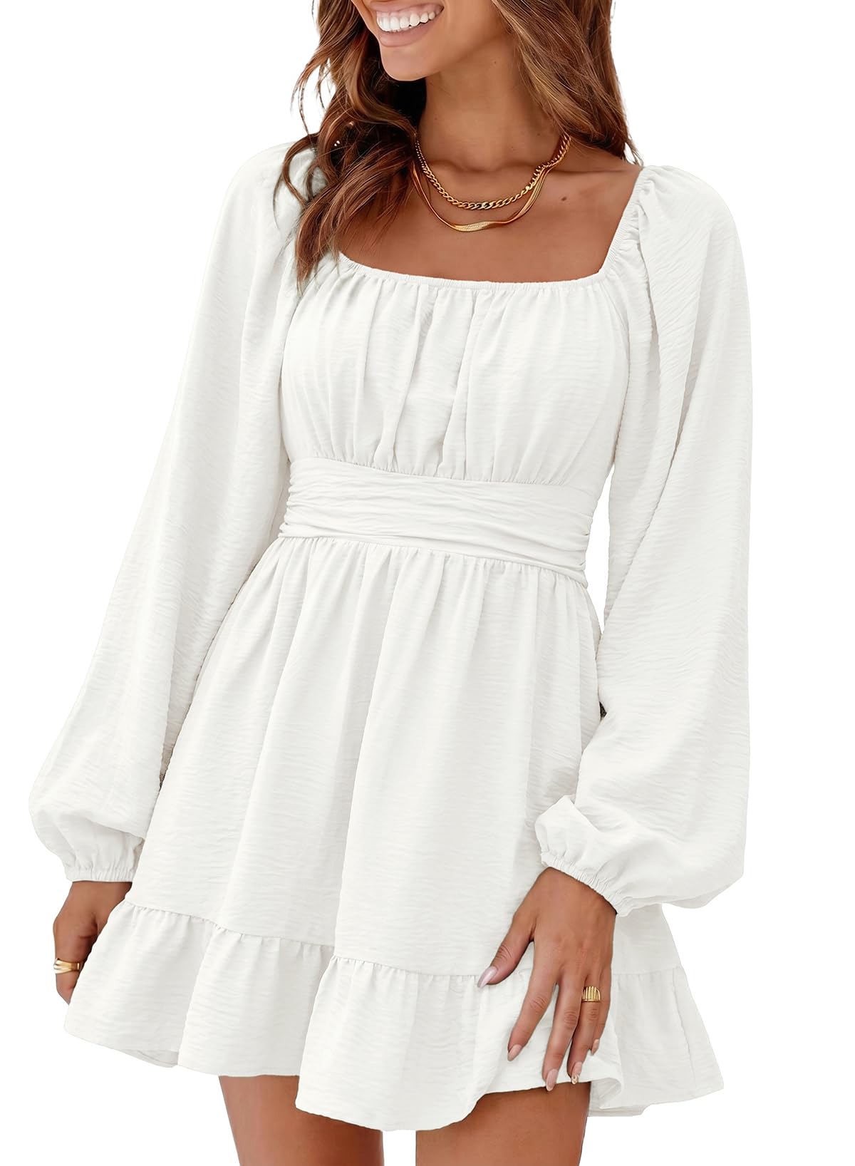 Dokotoo Womens Dress Lantern Sleeve Elastic Waist Tie Backless Mini Dress