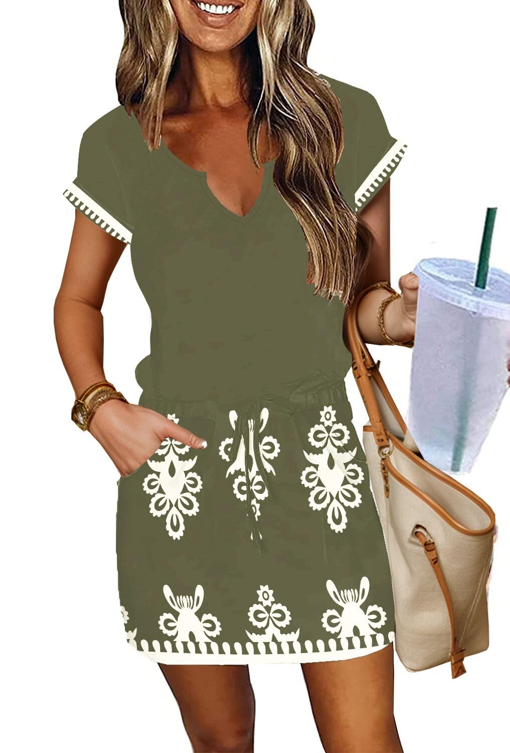 SAUKOLE Women Summer T Shirt Dress Casual Short Sleeve V Neck Dress with Pockets Drawstring Waist Short Dresses
