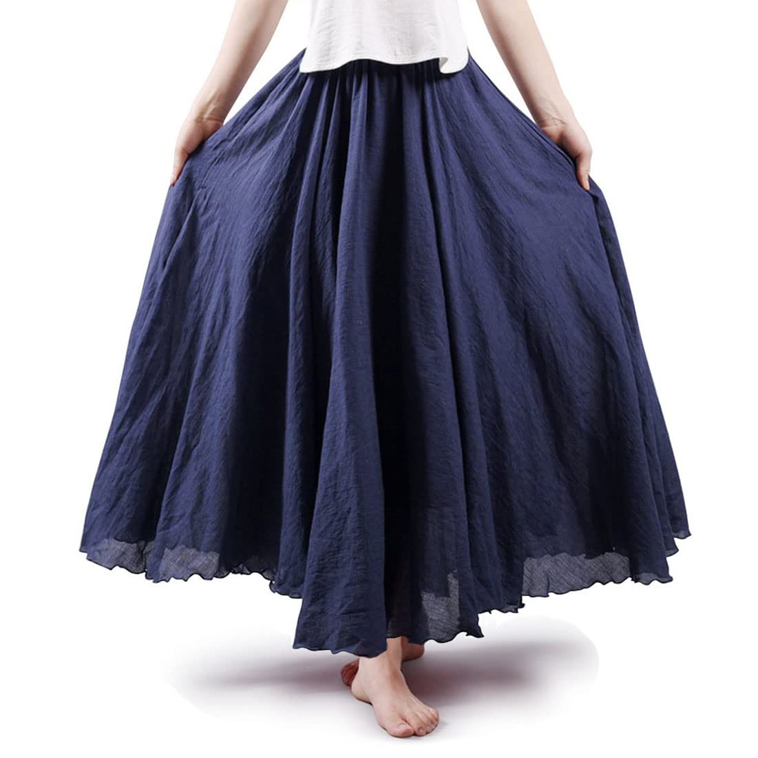 Women Bohemian Style Elastic Waist Band Cotton Linen Long Maxi Skirt Dress