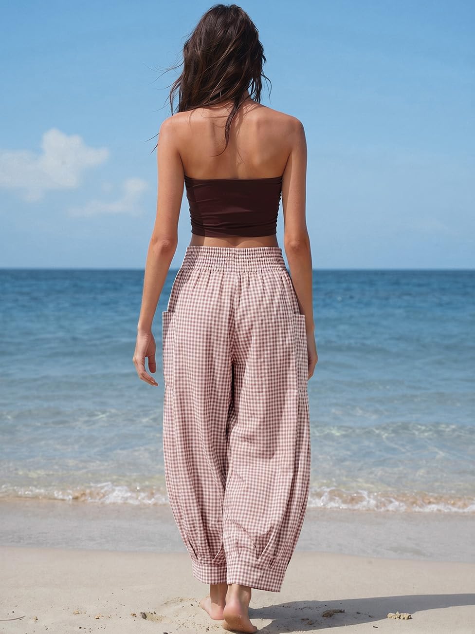 TARSE Women's Linen Gingham Pants Baggy High Waist Palazzo Pants