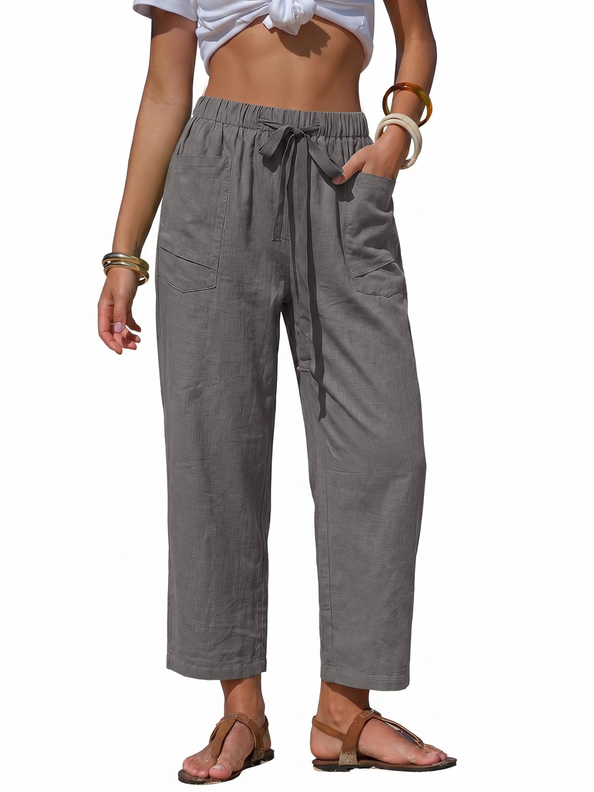 EXLURA Womens Faux Linen Striped Barrel Capri Pants Drawstring Trousers