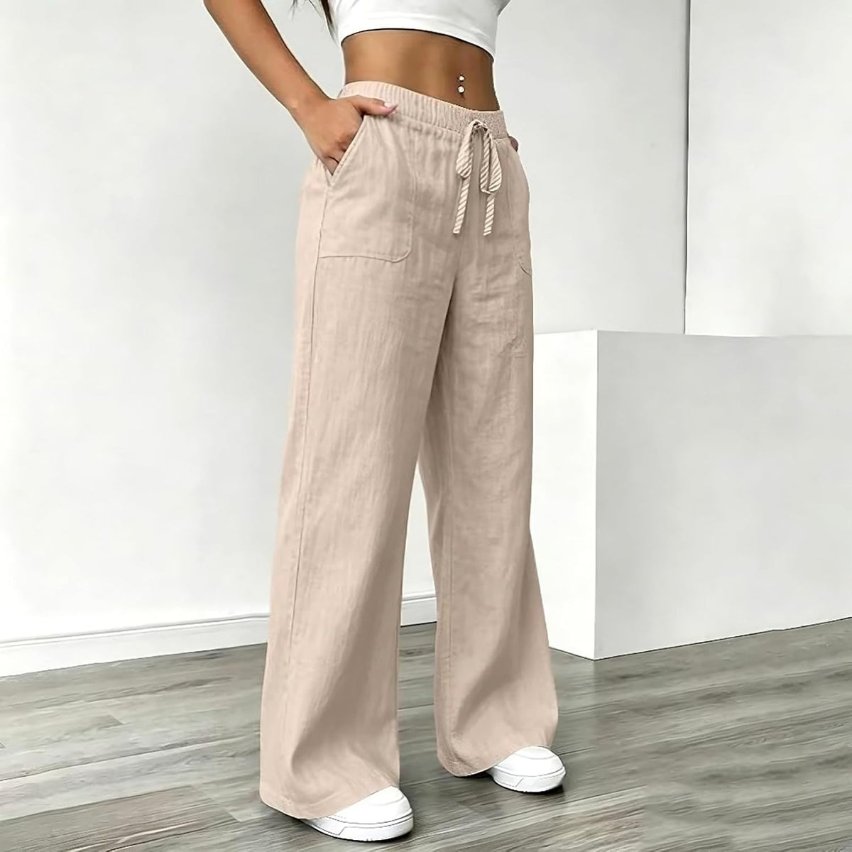 Linen Wide Leg High Waisted Pants for Women Casual Straight Leg Pants