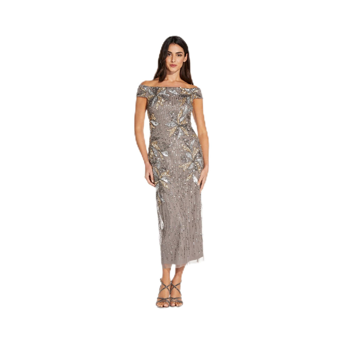Adrianna Papell Womens Beaded Off Shoulder Gown
