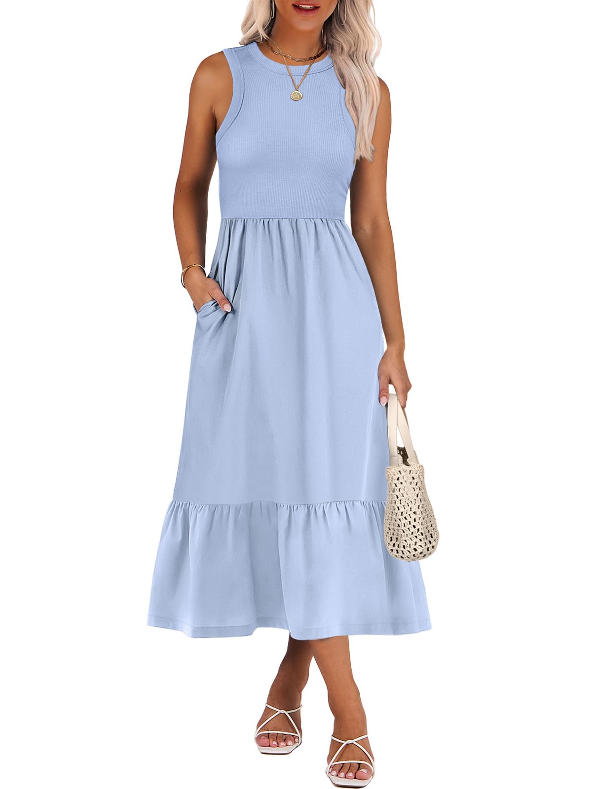 ANRABESS Womens Summer Dresses Casual Beach Tank Midi Sundress with Pockets