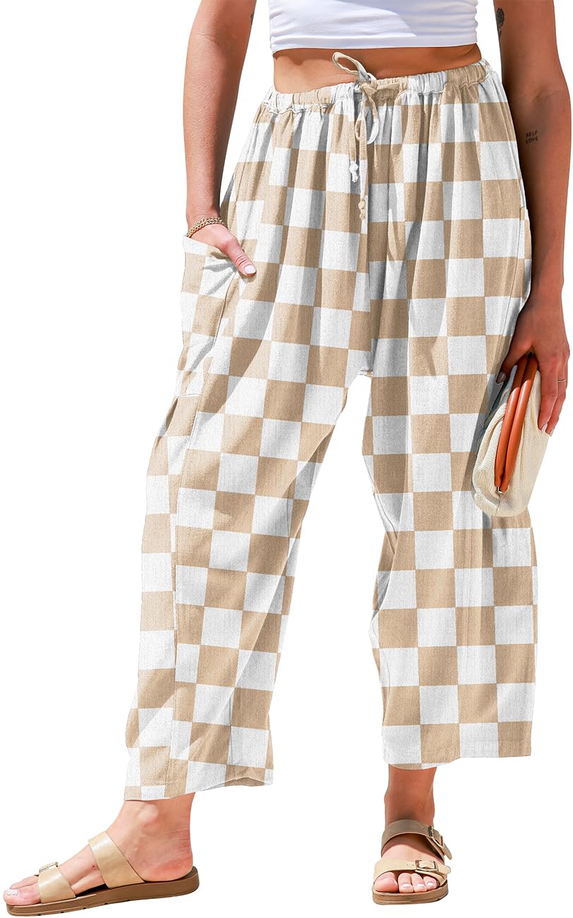 TARSE Womens Linen Palazzo Pants Wide Leg Casual Loose Drawstring Pants