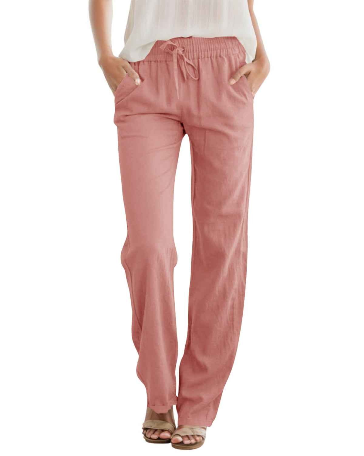 SEMARO Womens Casual Linen High Waist Pants Drawstring Loose Fit Summer Pants Trousers with Side Pockets