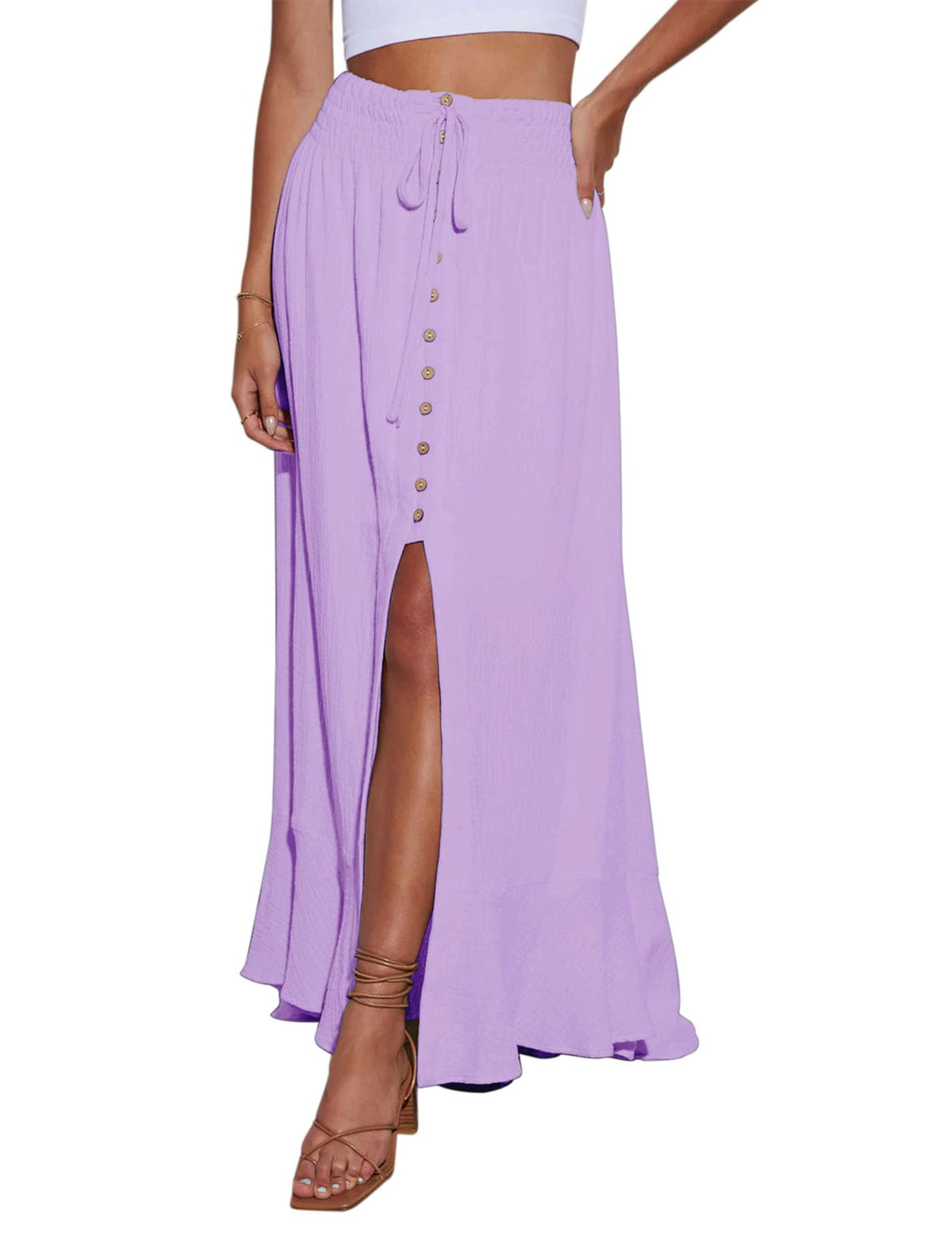 Minclouse Women's Elastic Tie Waist Button Down Maxi Skirts Casual Loose Flowy Swing Slit Front Dress