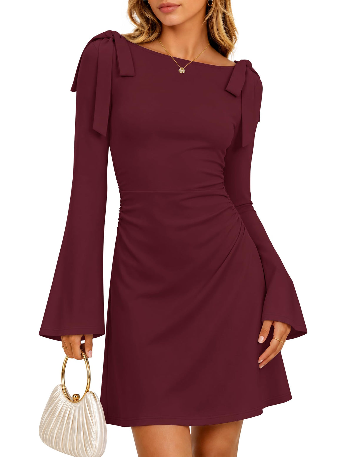ZESICA Womens Fall Long Sleeve Tie Shoulder Ruched Bodycon Mini Dresses
