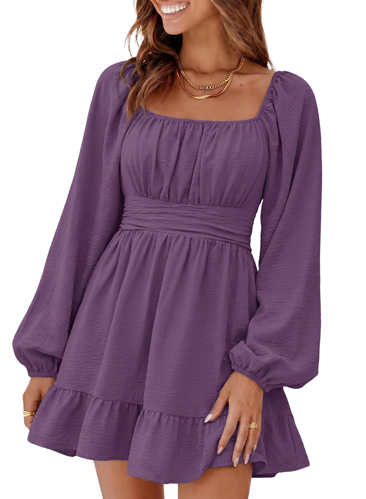 Dokotoo Womens Dress Lantern Sleeve Elastic Waist Tie Backless Mini Dress