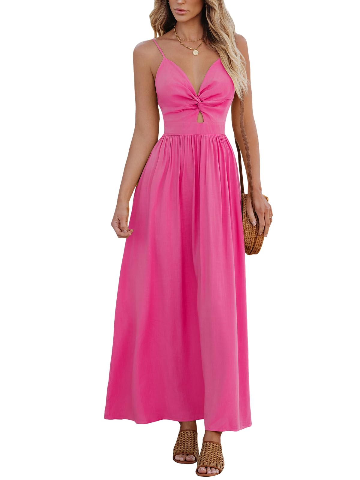 CUPSHE Women's V Neck Twisted Pleated Cutout Backless Formal Maxi Dress