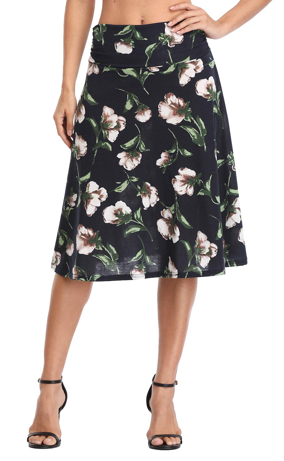 Urban CoCo Women's Ruched High Waist Knee Length Jersey A-Line Stretchy Flared Casual Skirt