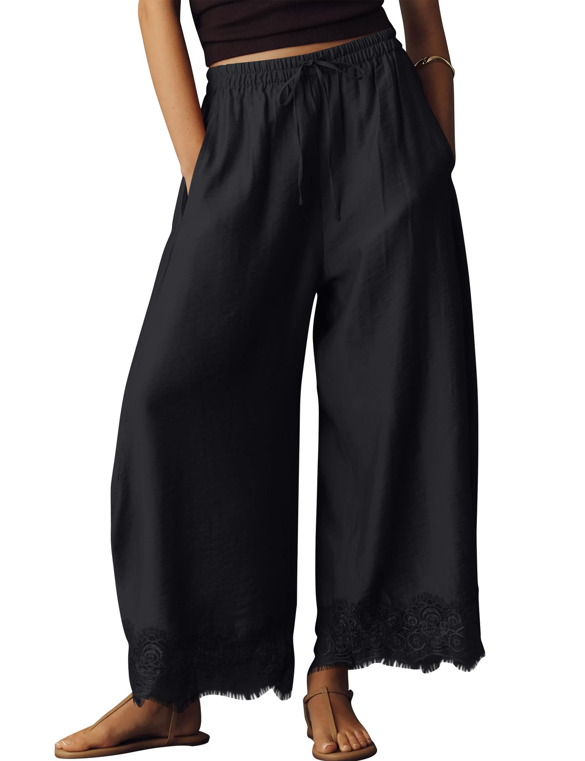 Anoumcy Lace Trim Wide Leg Pants for Women 2026 Spring Summer Cropped Lightweight Casual Pants