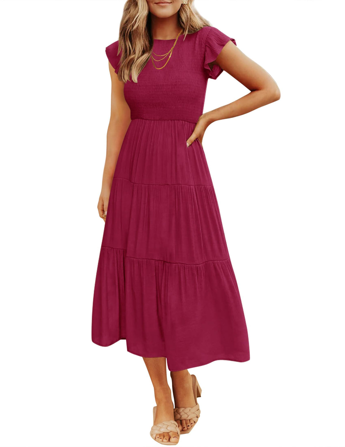ZESICA Women's 2026 Summer Casual Flutter Short Sleeve Smocked Midi Dress