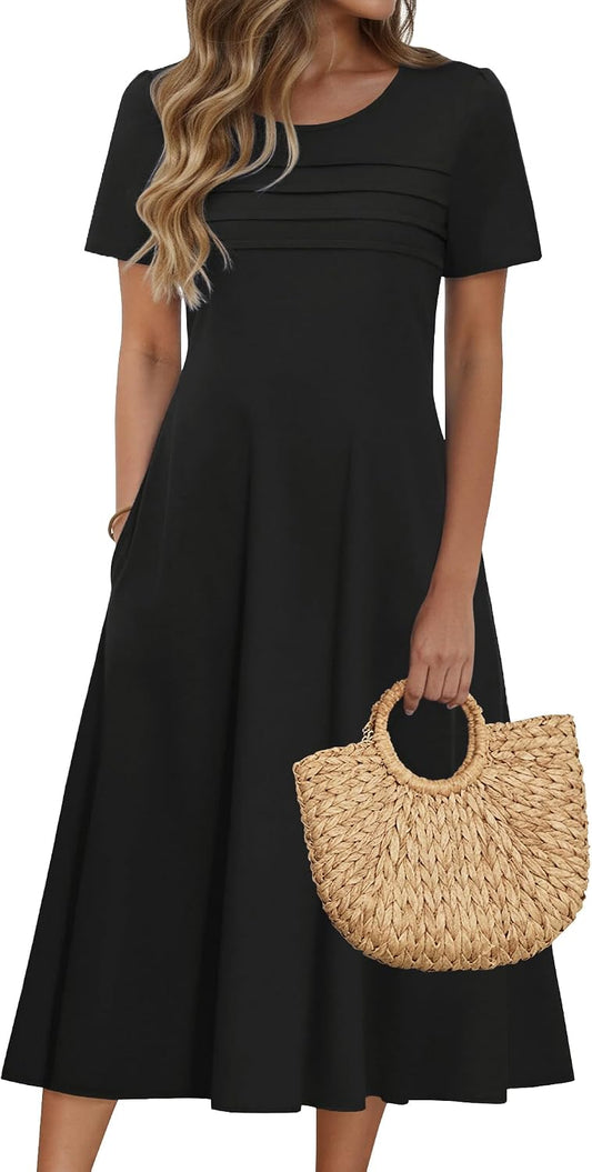 Zeagoo Womens Casual Dresses for Summer Short Sleeve Flare Midi Dress Beach
