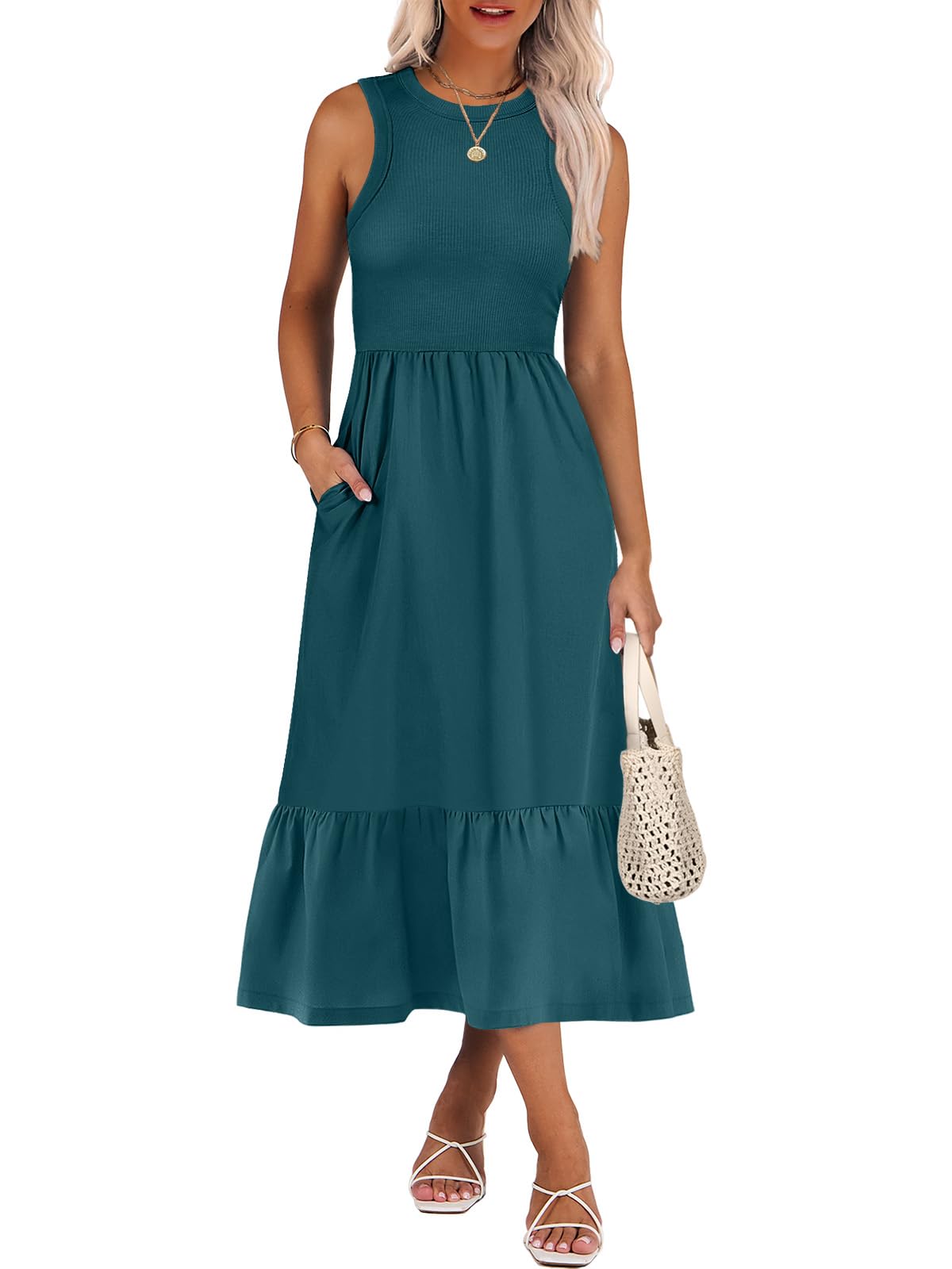 ANRABESS Womens Summer Dresses Casual Beach Tank Midi Sundress with Pockets